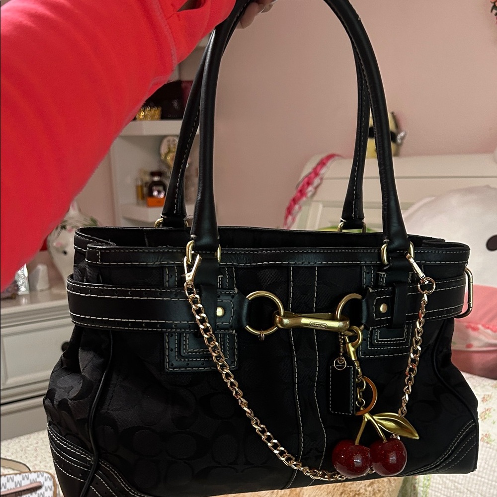 Coach Black Shoulder Bag with Gold Chain and Cherry Charm